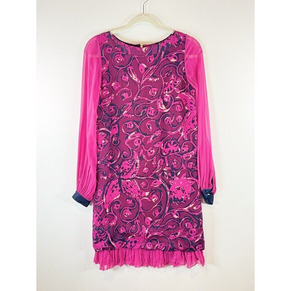 Tory Burch Dress Pink Floral Mini Sheath Wool Silk Long Sleeve Sheer Size 4 - Picture 3 of 14